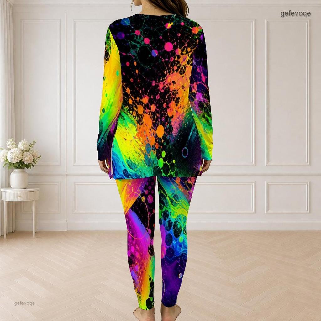 Women Plus Size Two Piece Set Half Zip Long Sleeve Galaxy Printed Top And Fitted Pants