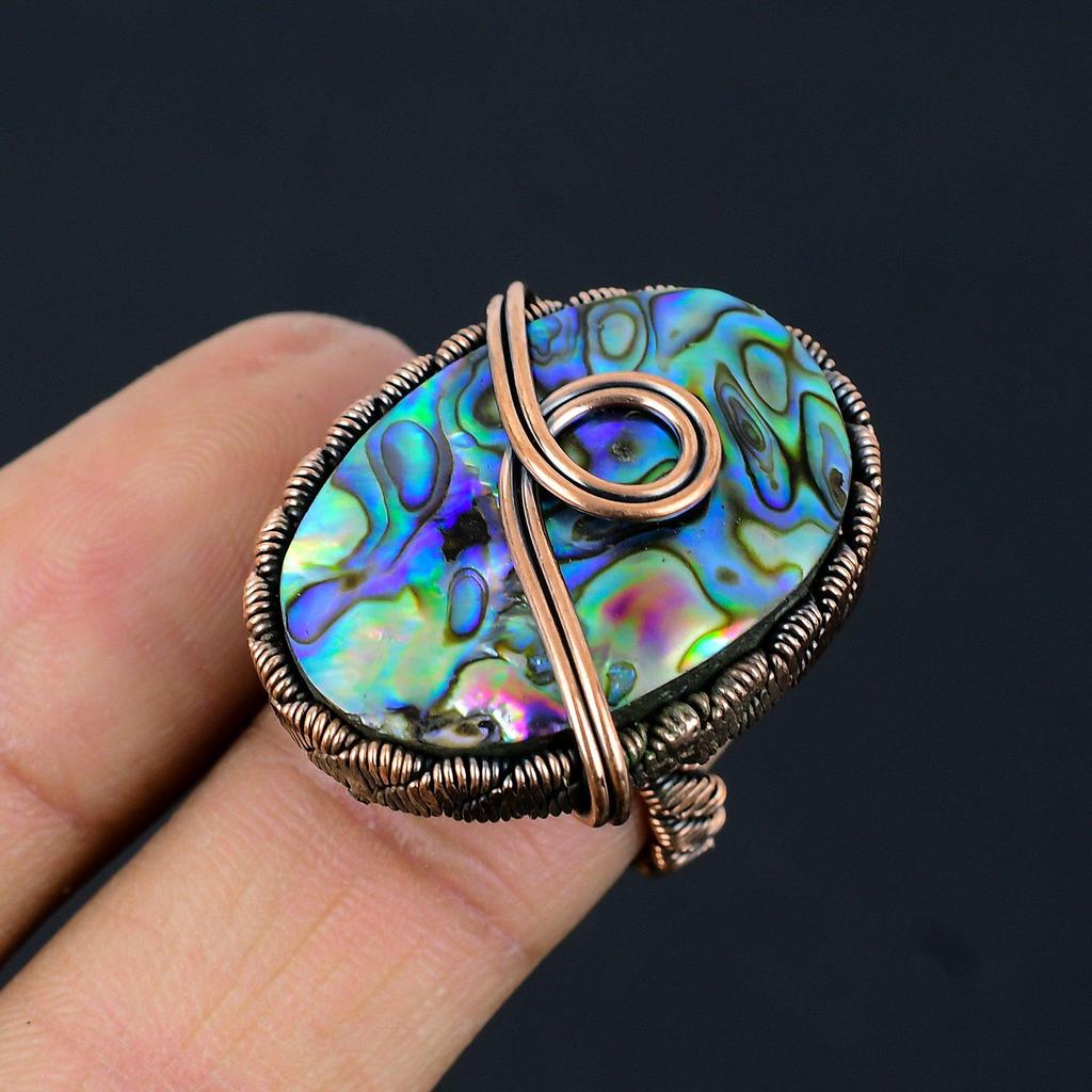 Abalone Shell Gemstone Copper Wire Wrapped Handmade Jewelry Ring For Woman