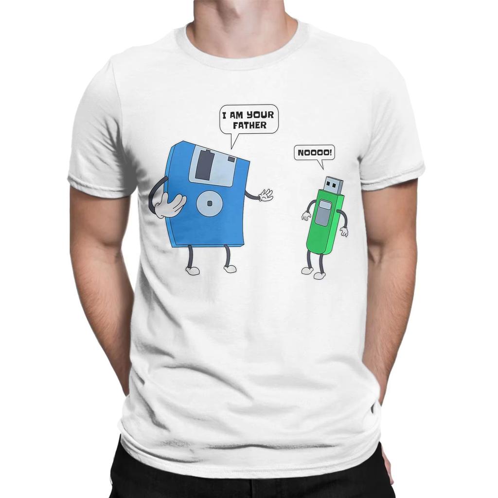 Summer Men's Computer Father Son Floppy Disk Engineer Printed Round Neck T-shirt 100% Cotton Casual Outdoor Soft Short Sleeve