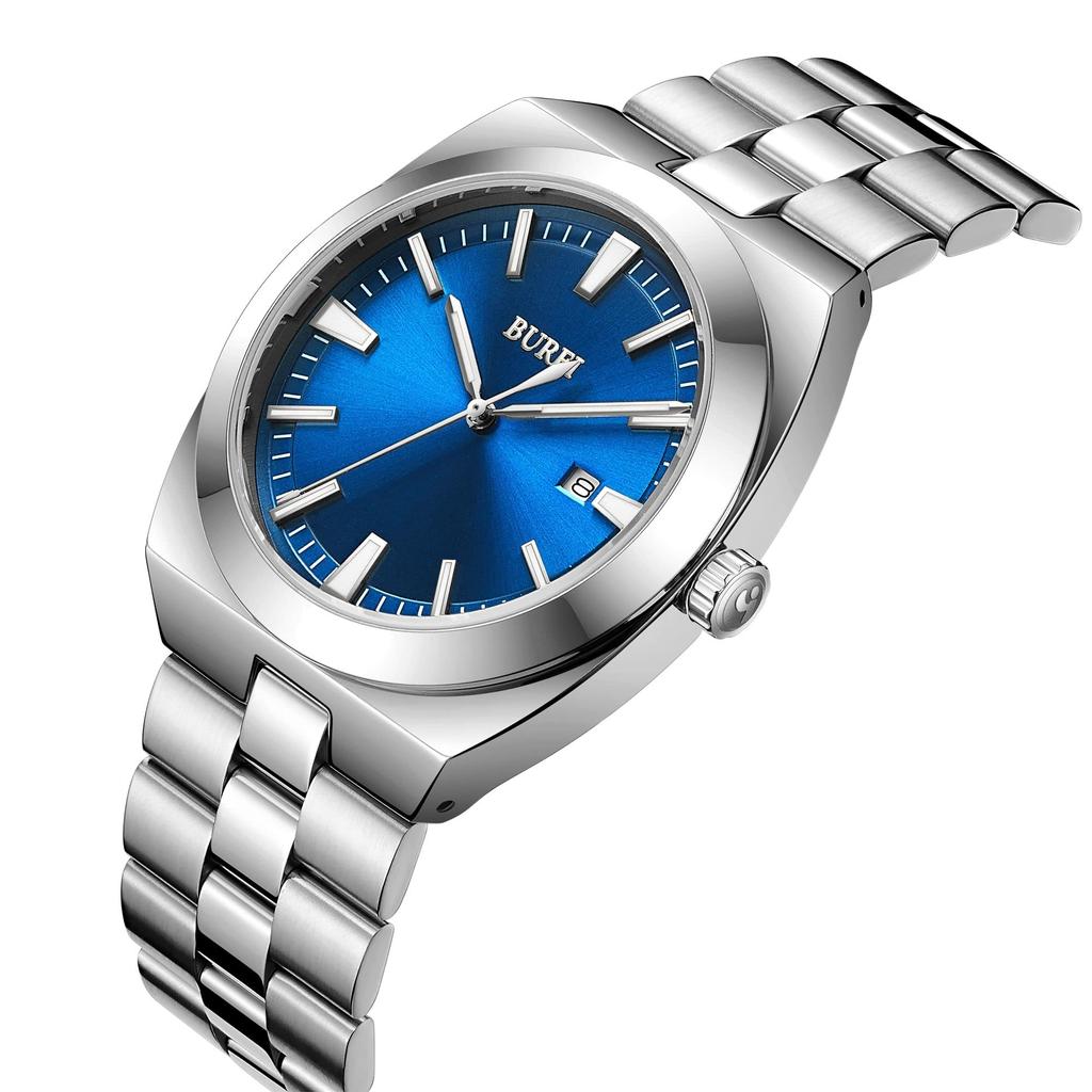 BUREI Analog Quartz Large Date Silver Watch for Gift Men's Watch, Simple, Waterproof, Silver, Dial, Display, Popular, Stylish, Gentleman's, Business,