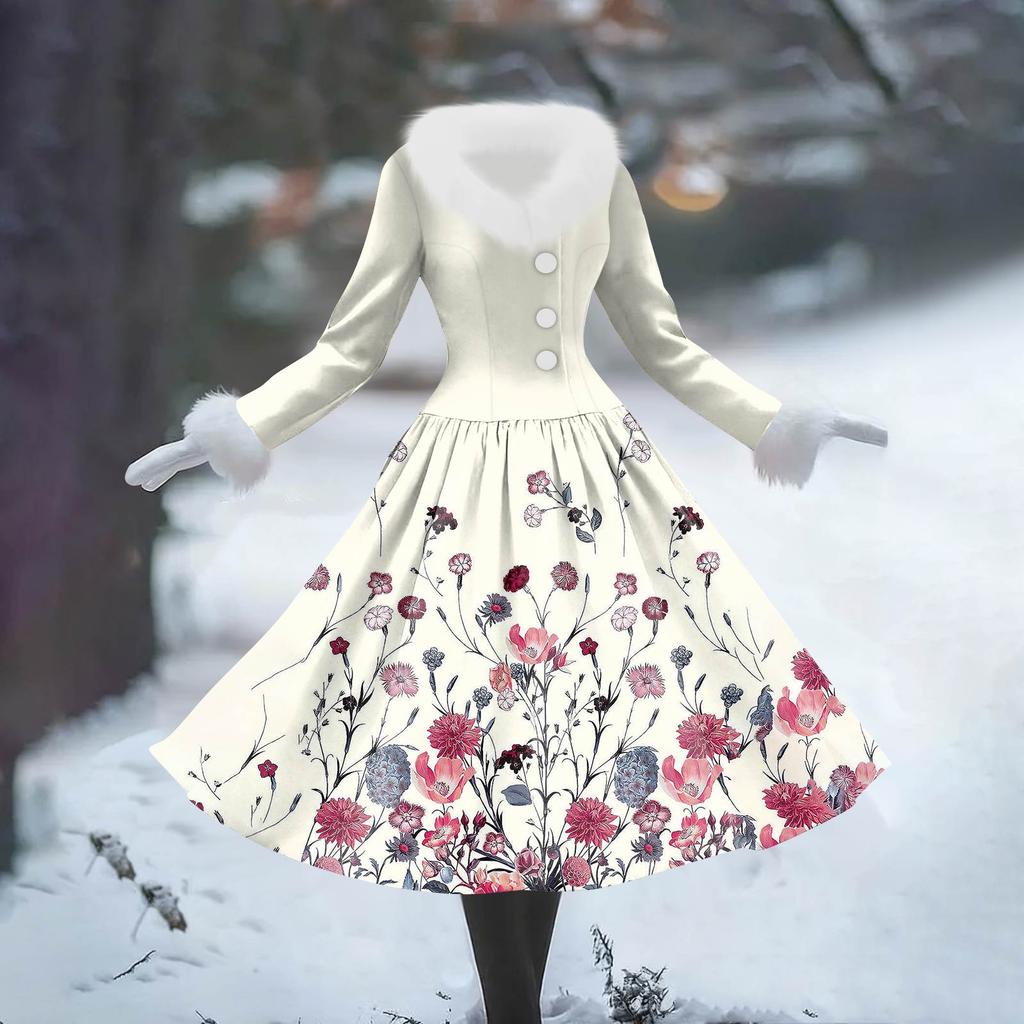 Women's Casual Dress Long-Sleeve V-Neck Patchwork Fleece Christmas Print Dress