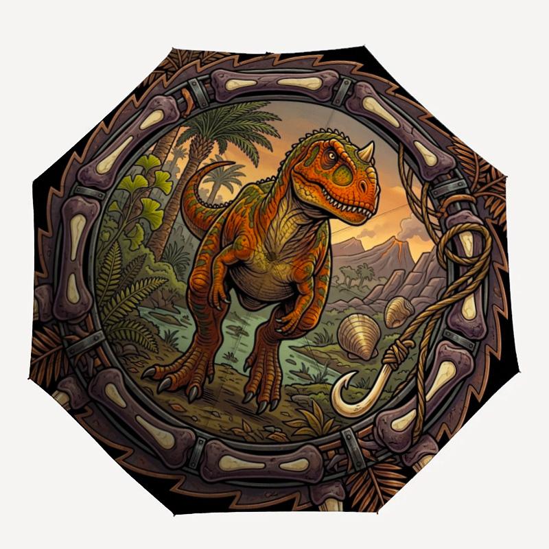Prehistoric Dinosaur Emblem pattern umbrella, portable and foldable design, 8 ribs, a casual accessory for Halloween, Christmas, and birthday gifts.