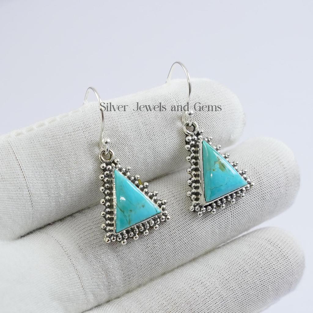 Arizona Turquoise Earrings, 925 Sterling Silver, Boho Triangle Earrings