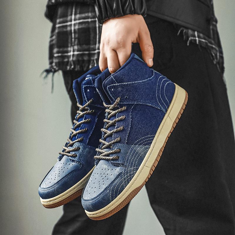 Fashion Middle and High Top Men's Retro Autumn and Winter Denim Color Matching Men's Shoes Casual Sports Shoes Men's Trendy Shoes