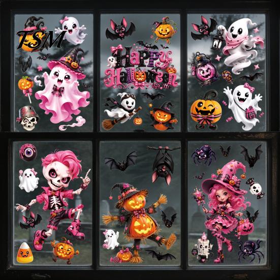 Decorative Static Clings for Party 9 Pcs Pink Halloween Window Clings, Cute Skull Witch Castle Bat Pumpkin Removable PVC Wall Decals School