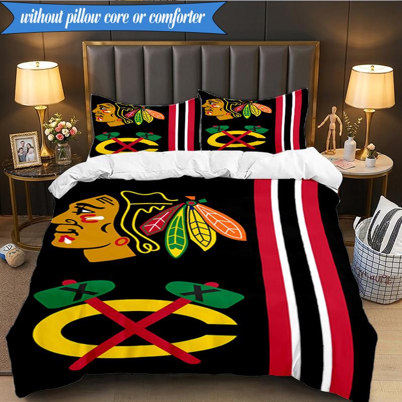 3PCS Chicago-Blackhawks Logo Bedding Set,Including 1pc Duvet Cover And 2pcs Pillowcases Perfect for Bedroom, Dormitory, Fan Christmas gift
