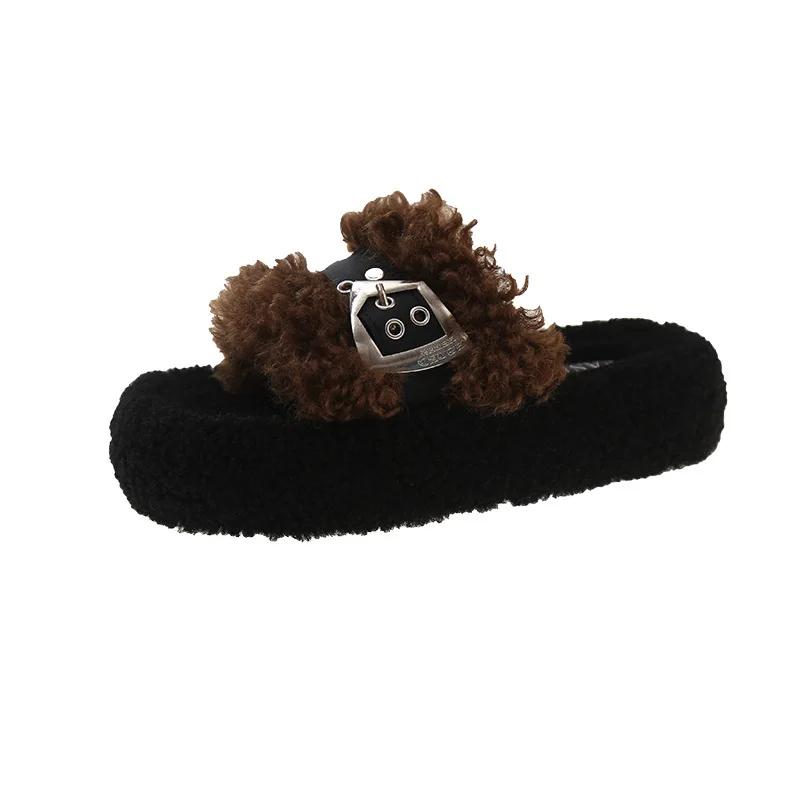 Fashion 2024 Winter Women's Thick Bottom Belt Buckle Slippers Outdoor New Round Head Warm Plush Cotton Slippers