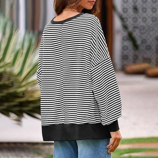 Women Striped Oversized Sweatshirt Long Sleeve Crewneck T-Shirt Split Hem Waffle Knitted Tunic Top Casual Fall Sweater