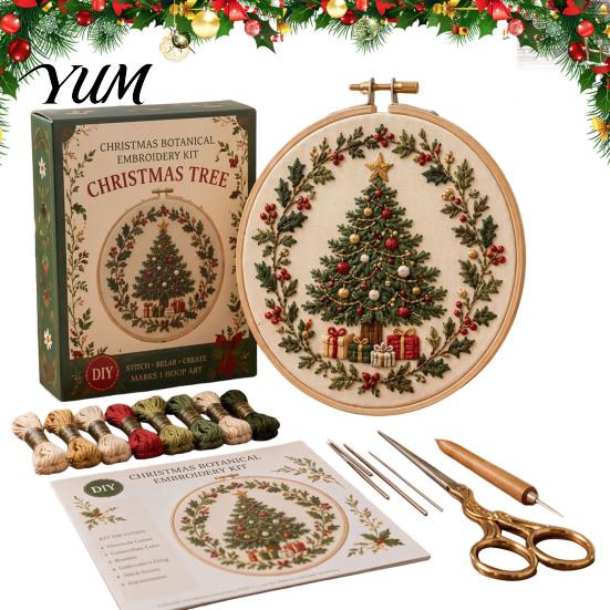 Embroidery Tools for DIY Enthusiasts Christmas Kit Beginners, Pre-Printed Pattern Full Set Wall Decoration Craft of Tools, Needlework Festive