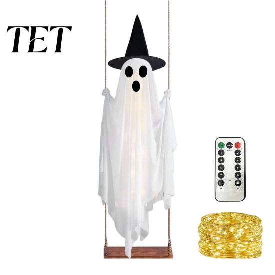 Adjustable Height Hanging Spirit Luminous Halloween Swing Ghost with Witch Hat, Remote-controlled Spooky Holiday Yard Decorations Brightness,