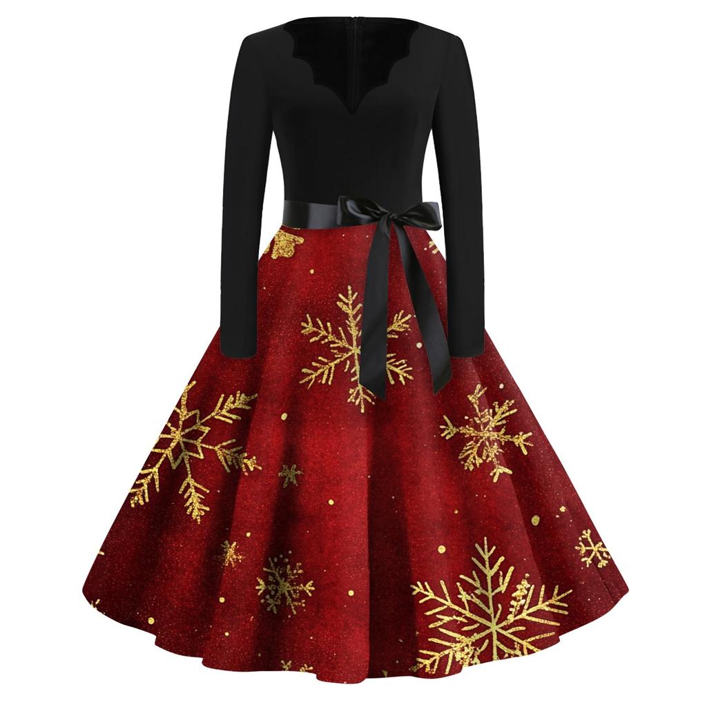 Женские модные повседневные тонкие рождественские платья с длинным рукавом с v-образным вырезом и принтом