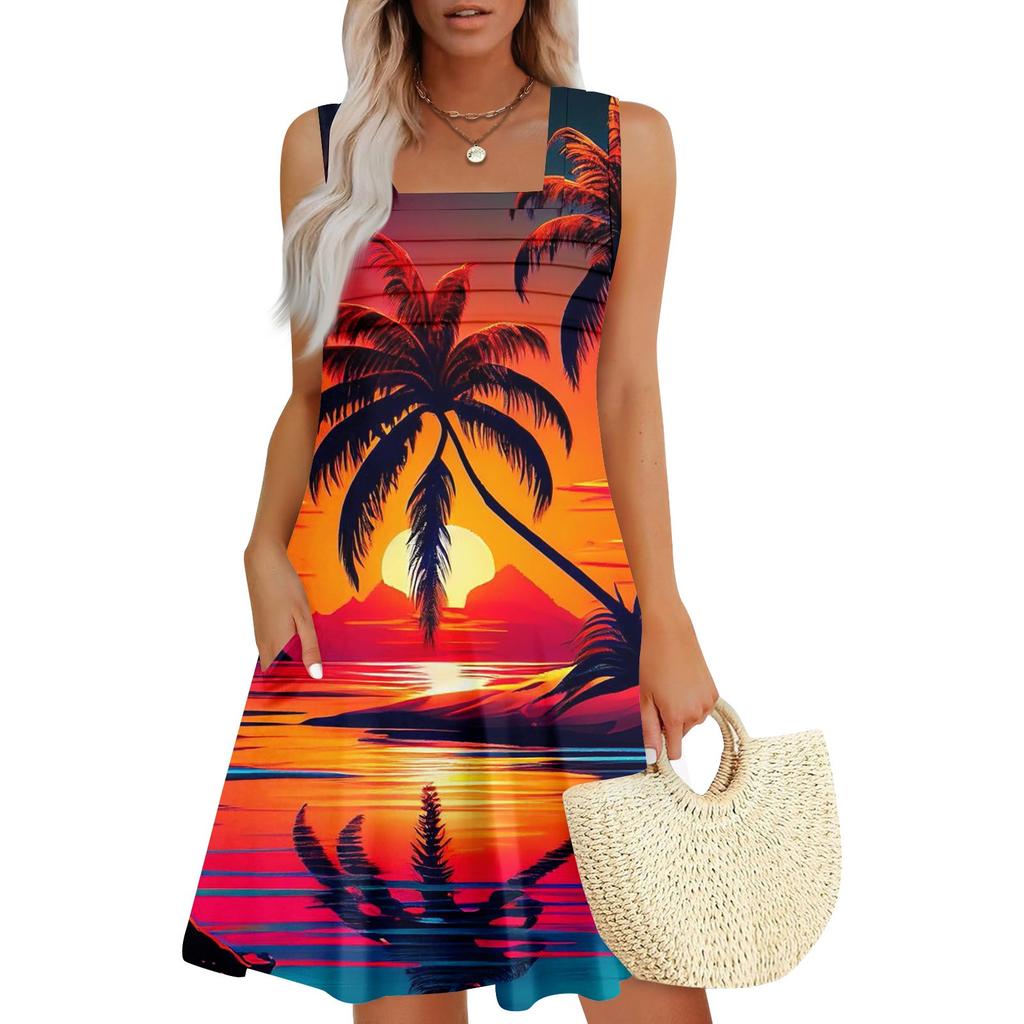 Women's Summer Casual Petal Slim Stripe Pleated Solid Color Dresses