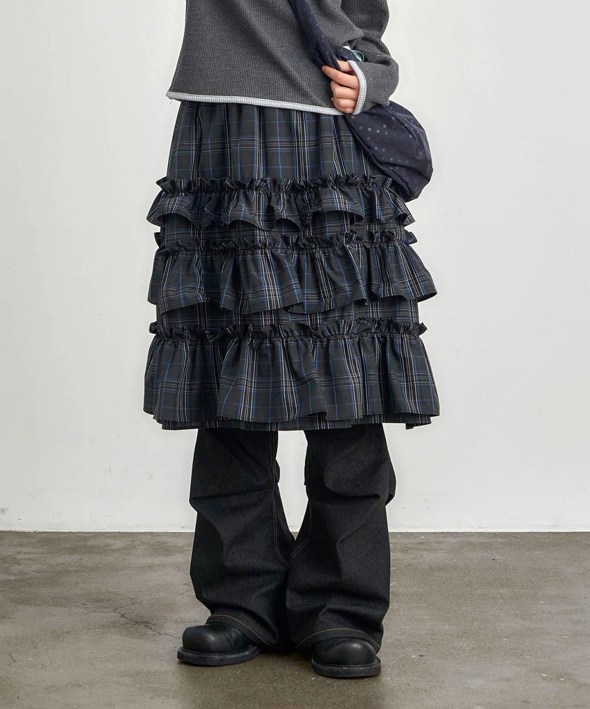 Kijiko Ke702-Frill Cancan Midi Skirt Check Navy