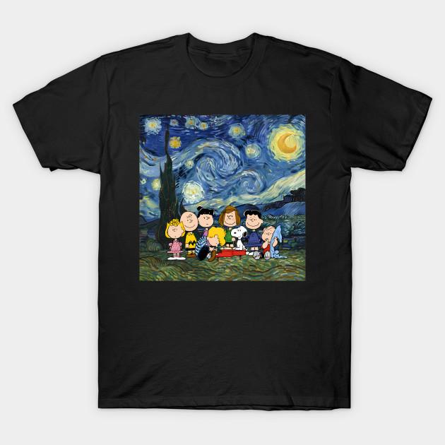 Мужская черная футболка с принтом Snoopy и бандой Peanuts - Звездная ночь, Печать методом термопереноса без вырезания, Хлопковая футболка