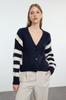 Women's Fashion Stylish Cardigan Navy Blue Soft Textured Striped Color Blocked Knitwear Cardigan