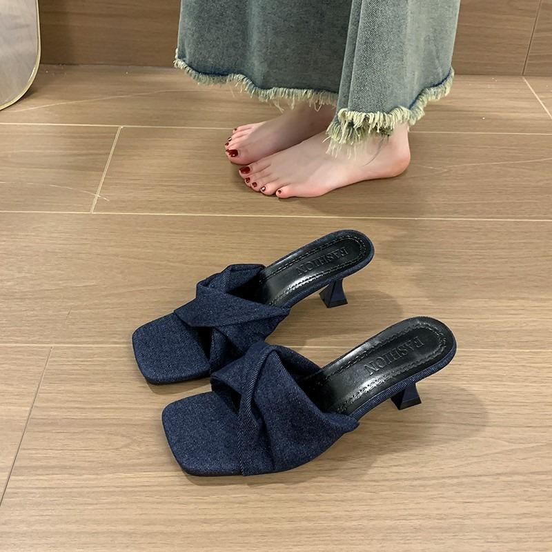New Style Shoes Square-toed Shoes Thin-heeled One-strap Slippers Versatile High-heeled Sandals Slippers