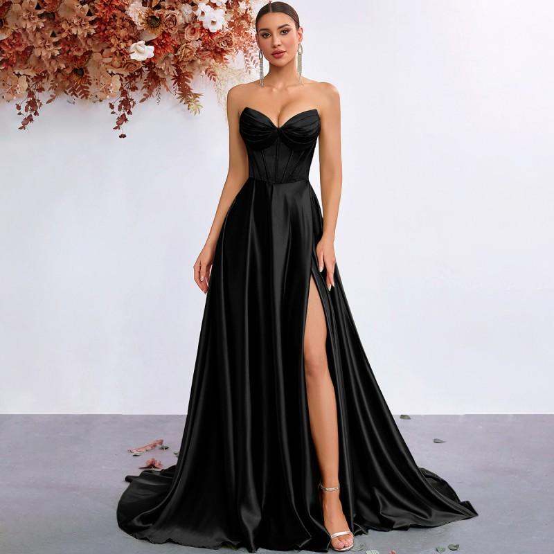 Luxury Satin Bustier Evening Dress Slim Fit Boned Mermaid Slit Gown Banquet Party