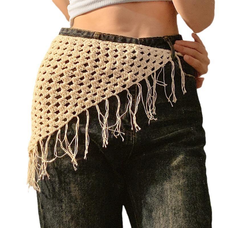 Ажурная треугольная косынка ручной вязки, богемный тюрбан, шарф для волос, многофункциональное использование, этнический стиль, пояс, декор