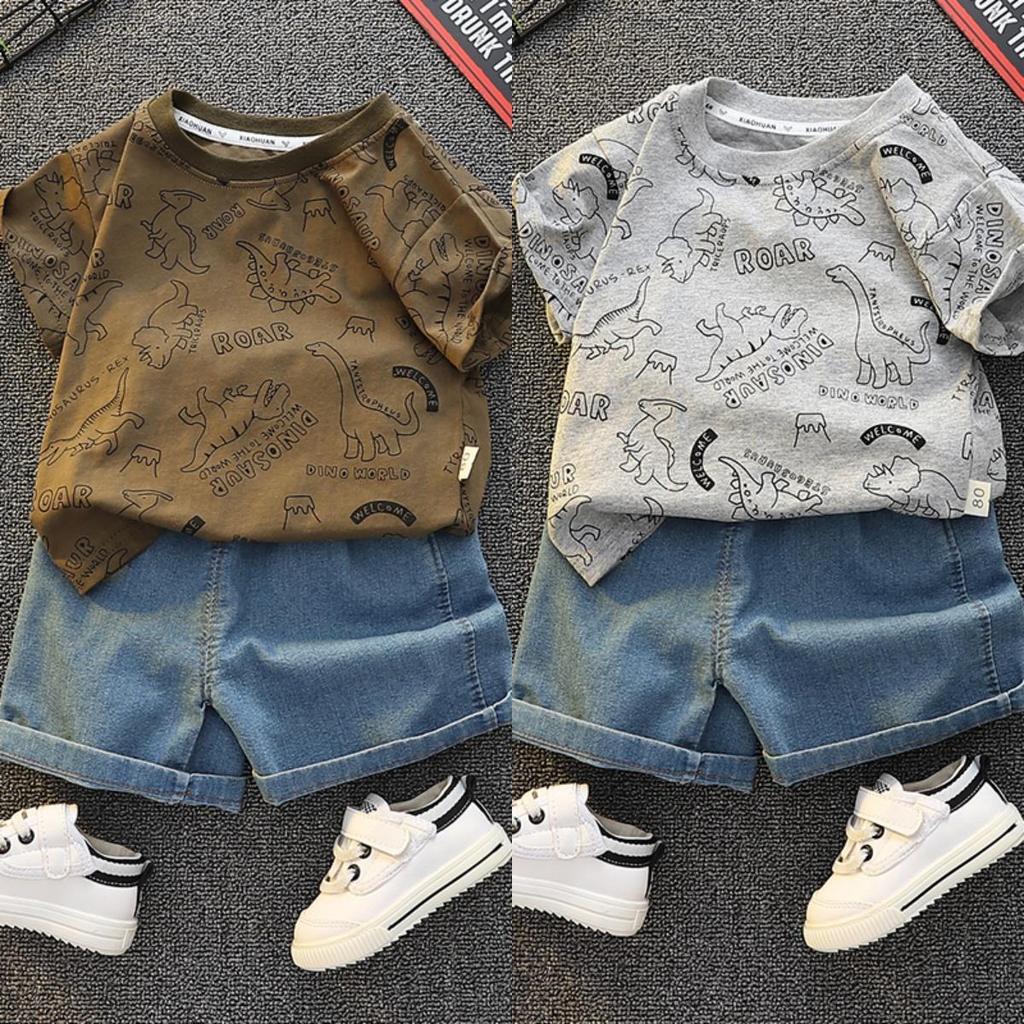 Комплект из 2 предметов для мальчиков из хлопка - футболка с коротким рукавом с мультяшным динозавром + джинсовые шорты Высококачественный повседневный наряд-6М-5Л