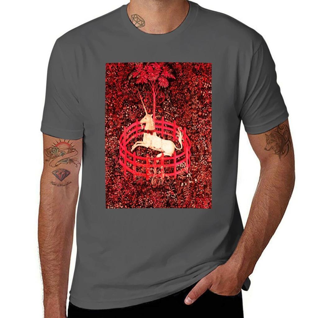 Unicorn And Gothic Fantasy Flowers Red Floral Motifs Tshirt Uv Protection Outdoor Tee Shirt
