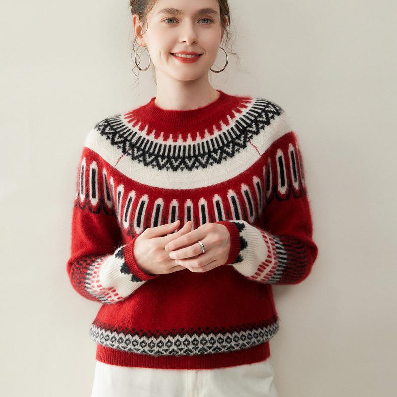 Women's Fair Isle Jacquard Cashmere Sweater - Round Neck, Soft Knit Retro Fashion