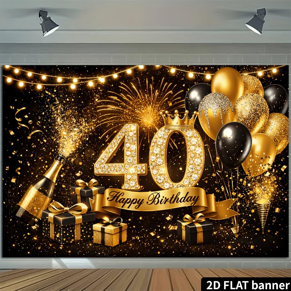 2D plane 40th birthday party banner background - black and gold glittering theme, indoor or outdoor birthday celebration