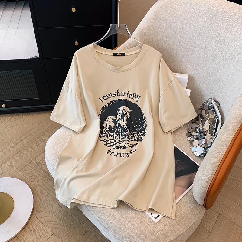 Plate-size Women's Mid-length Split Short-sleeved T-shirt with Printed Summer Versatile Tops