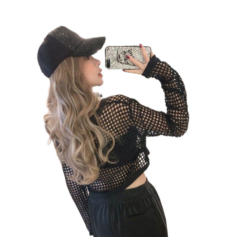 Сексуальная прозрачная сетчатая футболка с длинными рукавами, вязаная крючком ажурная сетка, бикини, пуловер, свободный экипаж