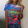 Summer Round Neck 3D Oil Painting Flowers Print Top Fashionable Casual Short Sleeved Women's T-shirts