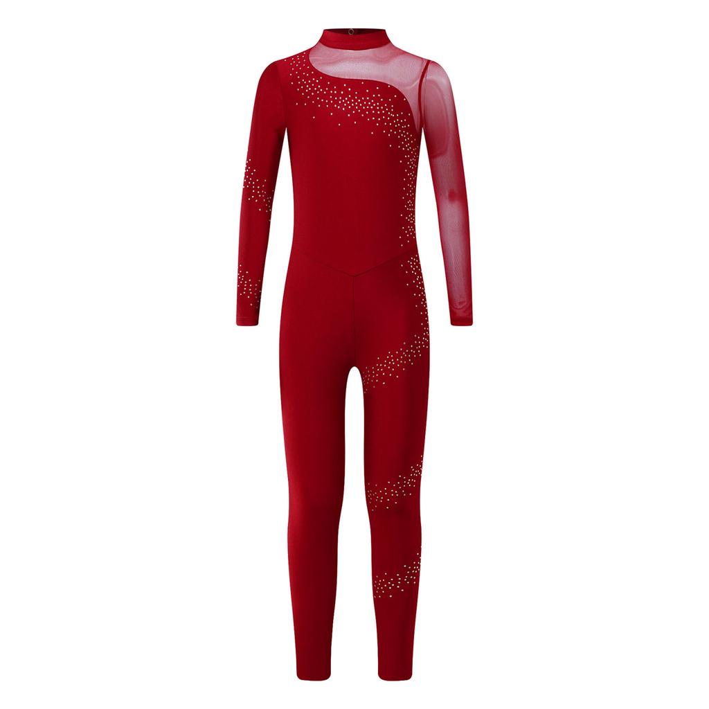 Rhinestone Gymnastics Leotard Full Body Jumpsuit Kids Girls Long Sleeve Sports Body Ballet Unitard Jersey Performance Dancewear