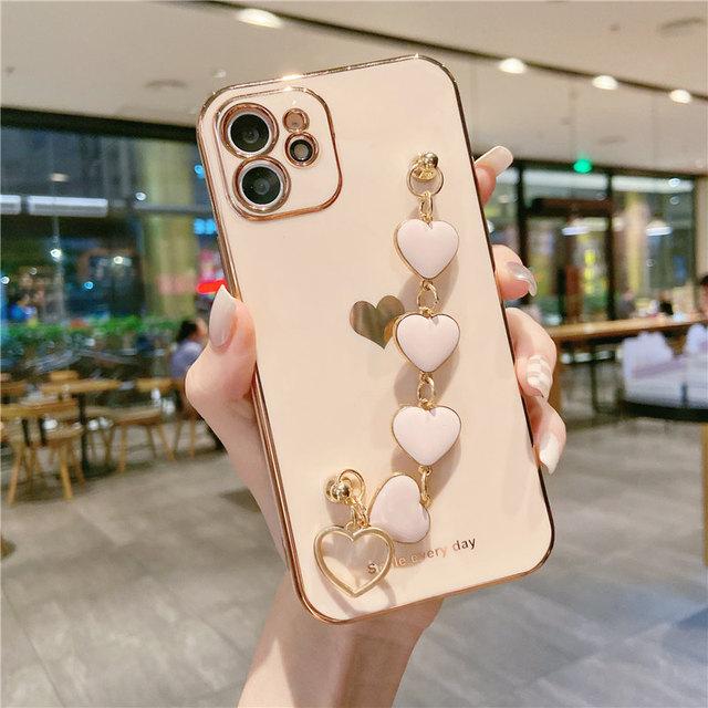 Чехол для телефона с мягким покрытием Love Heart для Iphone 14 13 12 11 Pro Max Xs Max Xr 14 Plus 14pro, противоударный чехол для браслета-цепочки на запястье