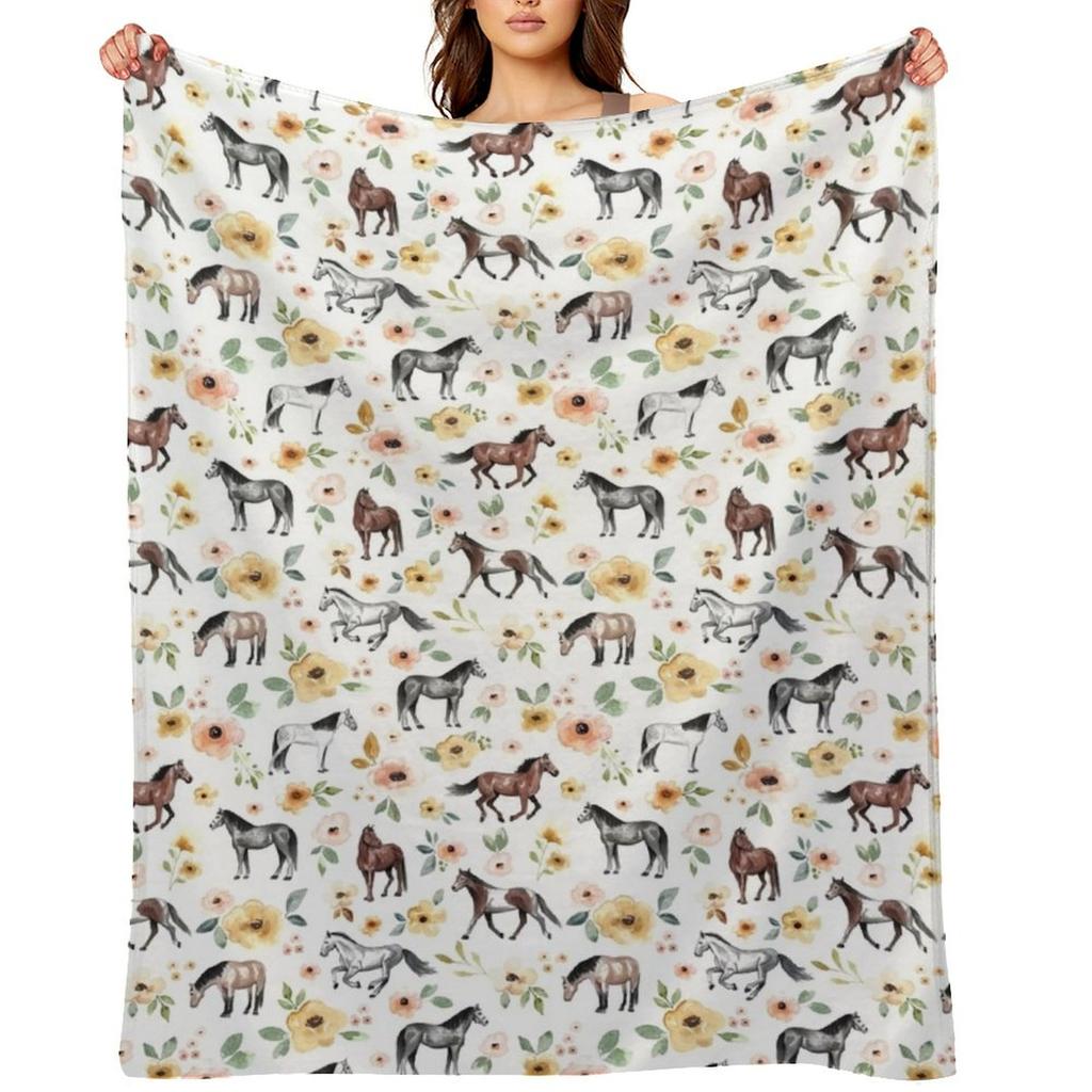 Лошади с желтыми и розовыми цветами, Декор лошади, Акварельное цветочное покрывало для дивана, сна, кровати, Модные пушистые одеяла с ворсом