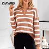 Autumn Women's Blouse Lapel Striped Clashing Long Sleeve Casual Knit Knitwear