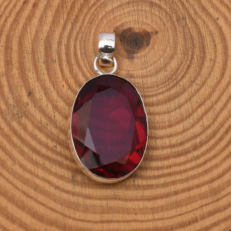 925 Sterling Silver Natural Red Garnet Gemstone Pendant Silver Chain Necklace