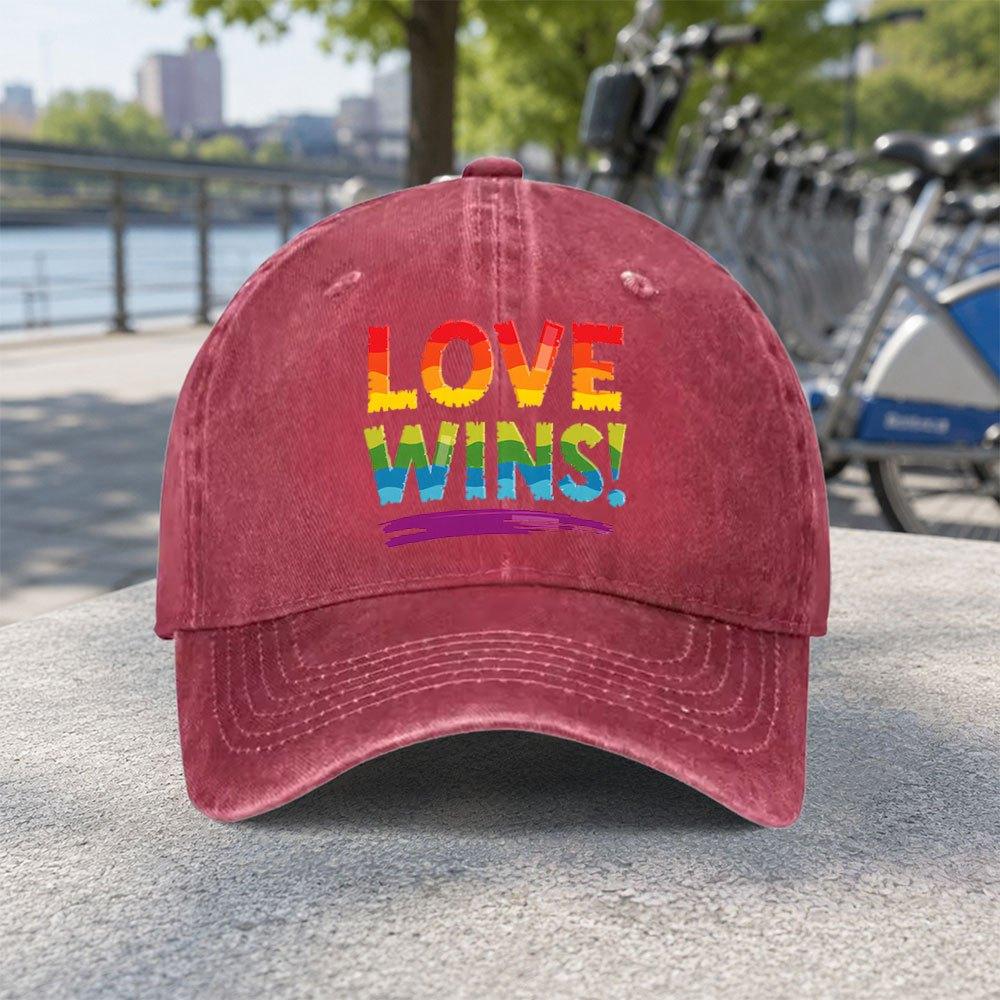 Rainbow Love Wins Unisex Baseball Cap Duckbill Hat With Hook Loop Closure Lightweight Washed Cap
