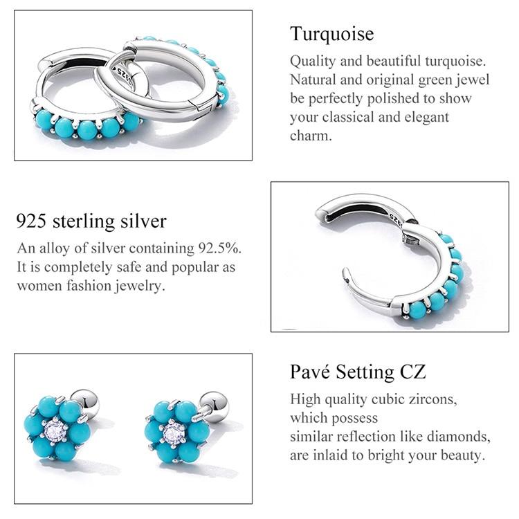 BAMOER 925 Sterling Silver Stackable Blue Turquoise Ear Buckles for Female Fashion Modern Hoop Earrings for Women Fine Jewelry