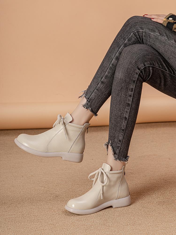 New First-layer Cowhide Martin Boots Women's Shoes Short Boots Warm Soft-soled Mother Shoes Velvet Lace-up Deep Mouth Fashion Casual