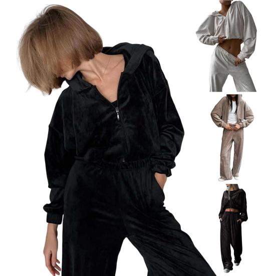 Женский велюровый спортивный костюм из 2 предметов: толстовка с капюшоном на молнии и брюки широкого кроя. Комплект из мягкого бархата.