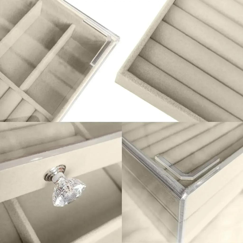 Suitable for women, 3-drawer acrylic velvet jewelry storage box, stackable storage box for earrings, necklaces, and bracelets.