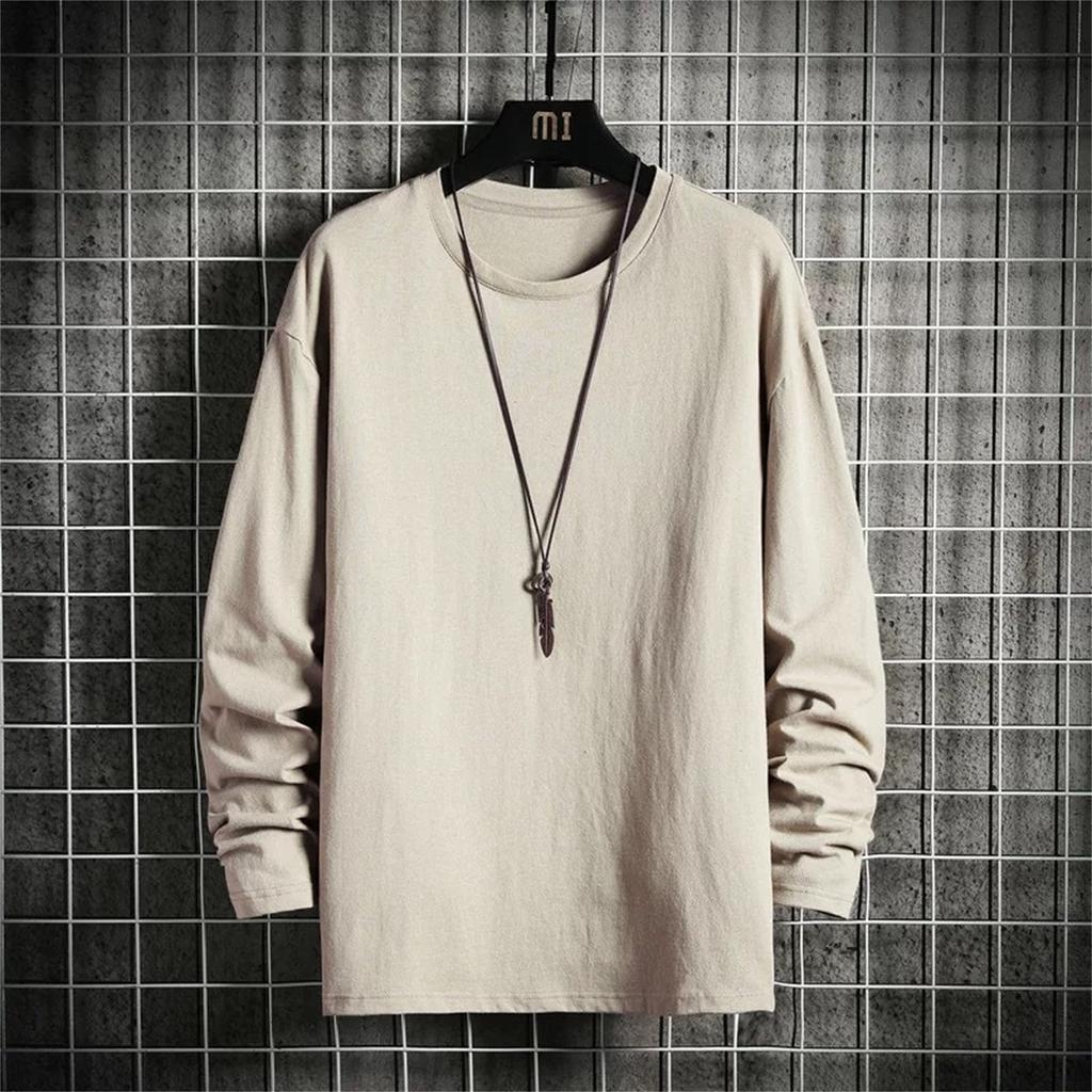Long Sleeve T-shirt Men Loose Trend Solid Color Top Casual Crewneck Bottom Shirt Thin Hoodie