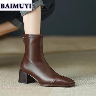 Модные женские туфли с квадратным носком на высоком каблуке ботильоны на меху зимние туфли короткие плюшевые 2024 тренд челси ретро мягкая кожа осень готика ботинки женские