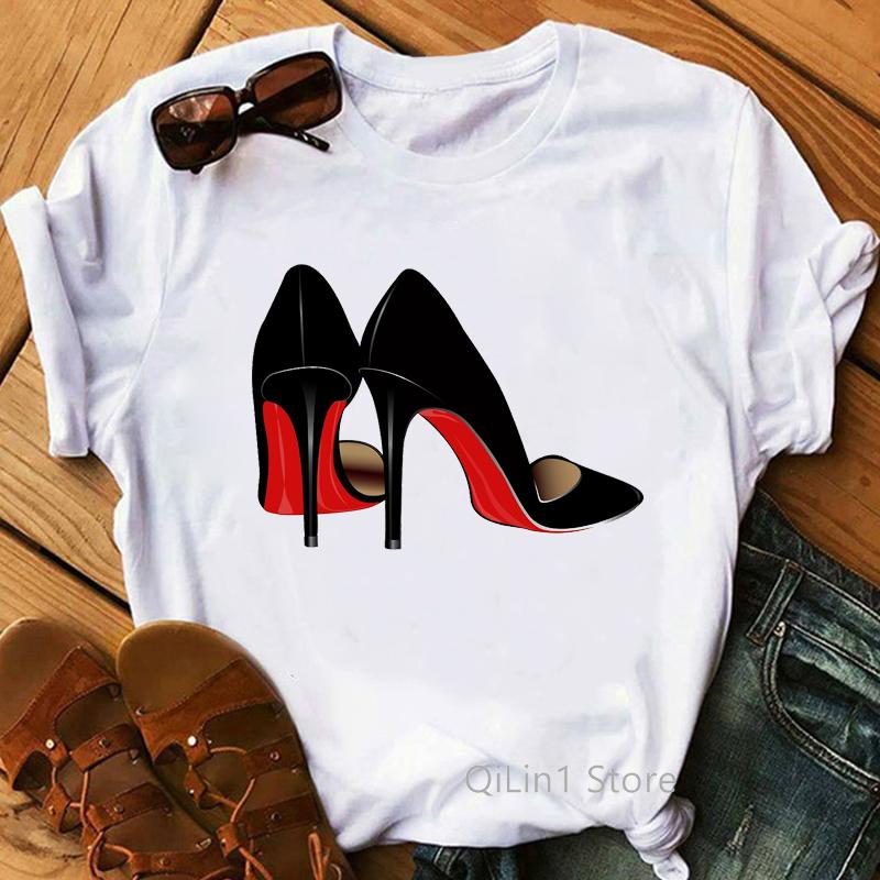 New Women's T-Shirt Pink High Heel Top Female T Shirts Lady Luxury Make Up Paris Style Shirt Harajuku Summer Tops Short Clothes