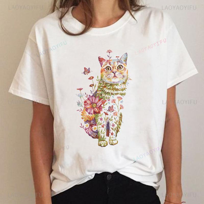Cat Plant Lovely 90s Vintage Fashion Clothing Printed T-shirt Summer Lady Short Sleeve Harajuku Cartoon Graphic Elegant T Shirt Unisex