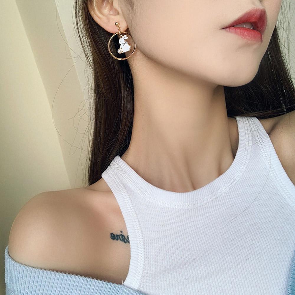 Sweet Cute Korean Moon Pink Anti Allergy Enamel Rabbit Drop Earrings Asymmetric Earrings