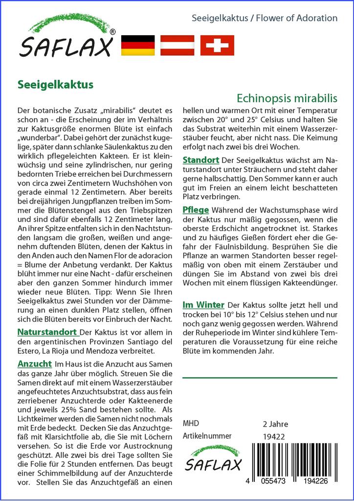 SAFLAX Garden in the Bag - Flower of Adoration - 40 семян - С субстратом в подходящем пакете - Echinopsis mirabilis