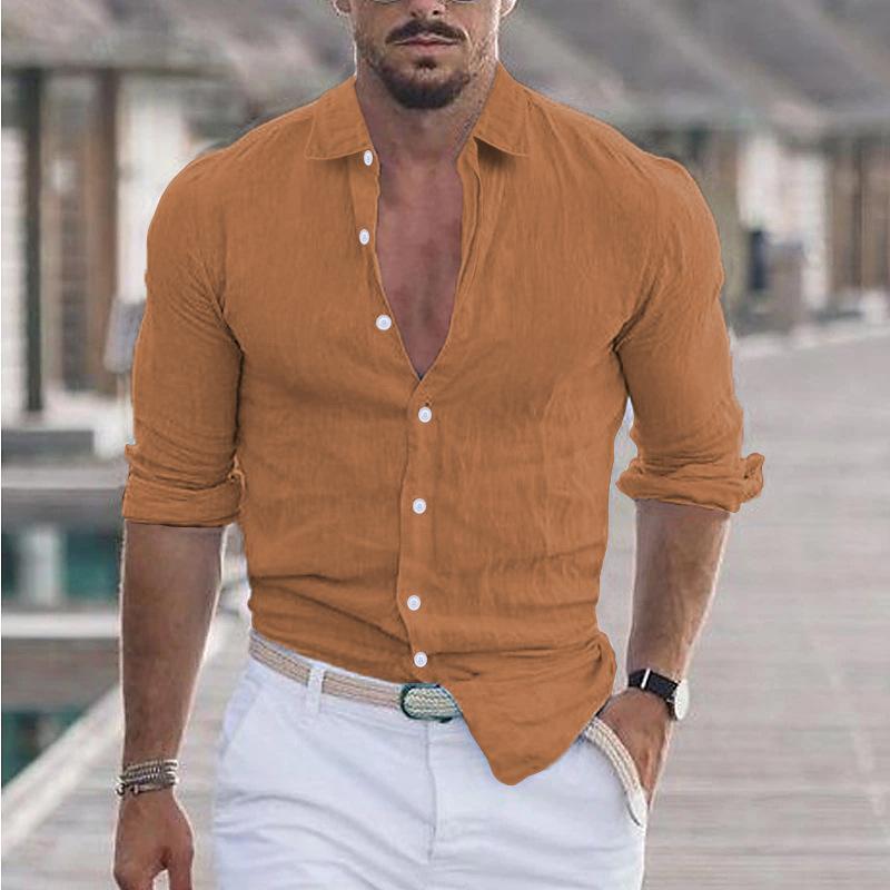 Fashion Men's Shirts Summer Cotton Linen Lapel Beach Shirt Long-sleeved Solid-coloured Shirts Casual Versatile Tops