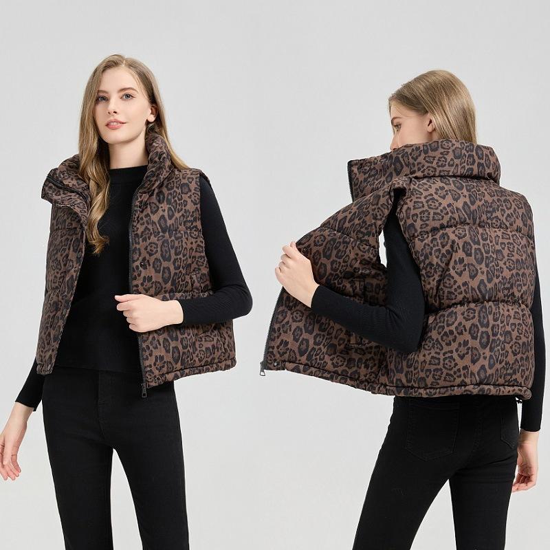 Leopard print stand-up collar short cotton jacket vest women's autumn and winter new design sense thickened vest vest down cotton