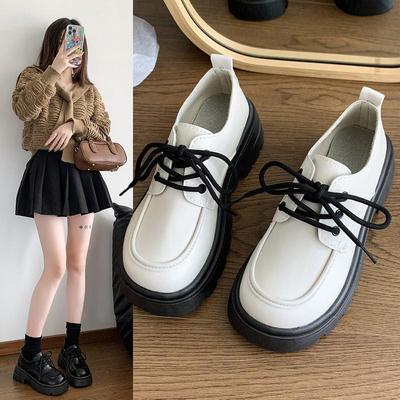 Женские кожаные мокасины в британском стиле на толстой подошве: Весна/Осень, круглый носок, шнуровка, в японском стиле JK, универсальный толстый каблук