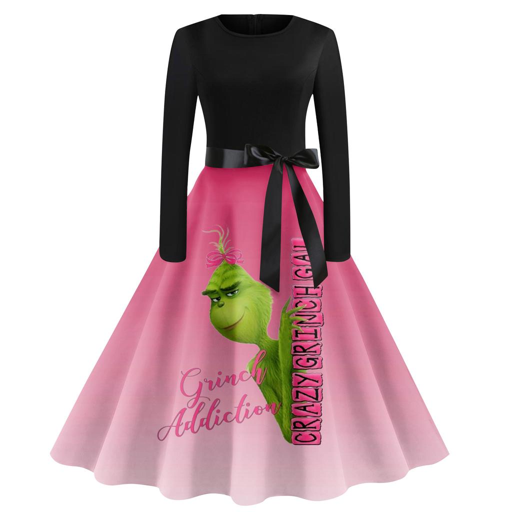 Женское винтажное классическое платье с воротником на талии и галстуком-бабочкой с длинными рукавами и рождественским принтом, с круглым вырезом, свободное платье