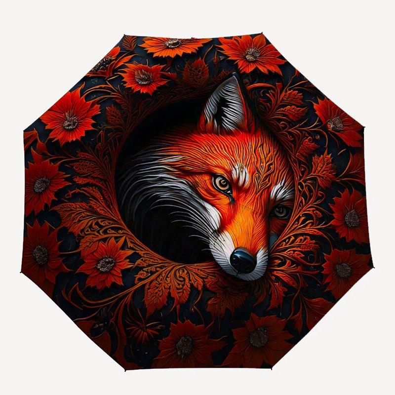 Floral Fox Art Print: Nature's Beauty in Every DetailUmbrella with Cute Design,Portable 3-Fold Compact Umbrella for Men&Women,Valentine's Da